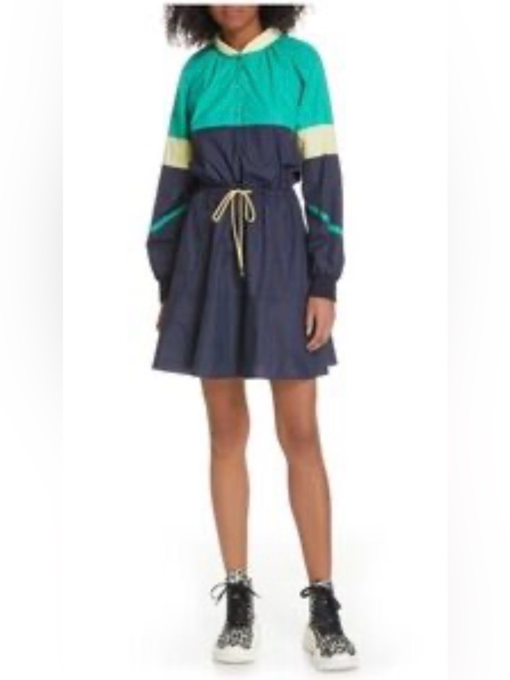 Tibi Colorblock Windbreaker Dress in Teal and Navy